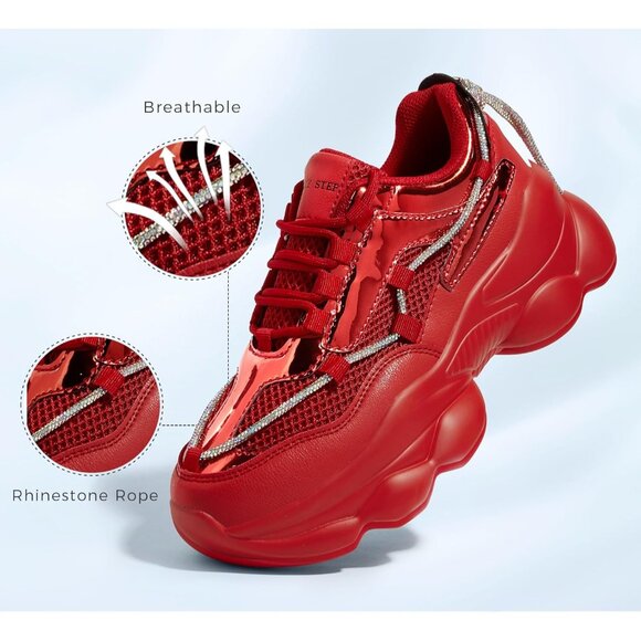 Women's Red 90s Chunky Sneakers Sparkly Bling Rhinestone Rope Platform Shoes - Picture 4 of 9